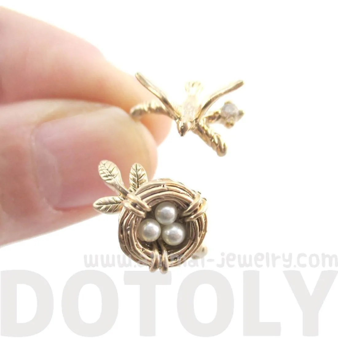 Sparrow and Bird Nest on A Branch Wrap Around Adjustable Ring in Antique Gold