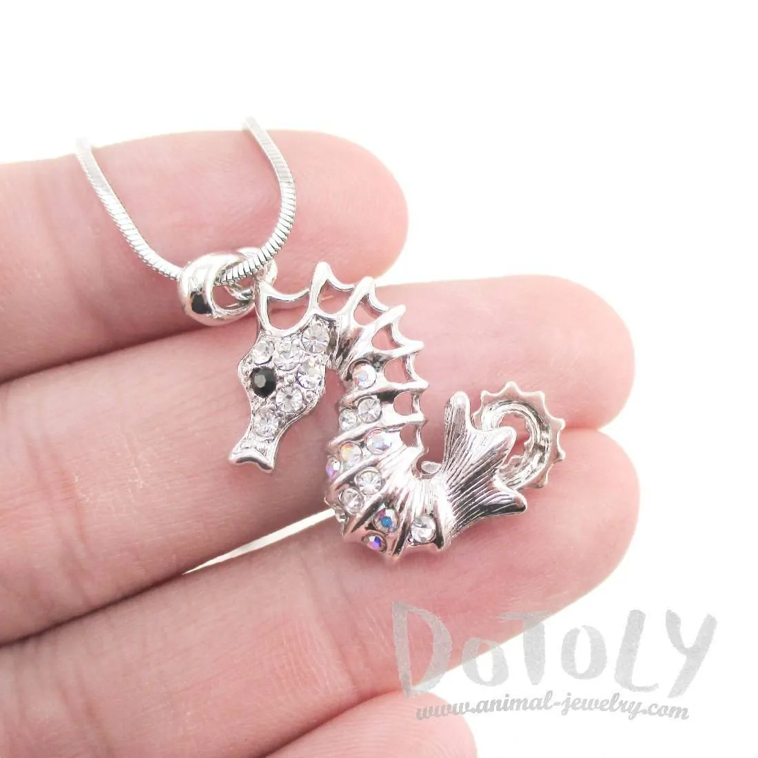 Spiny Seahorse Rhinestone Pendant Necklace in Silver