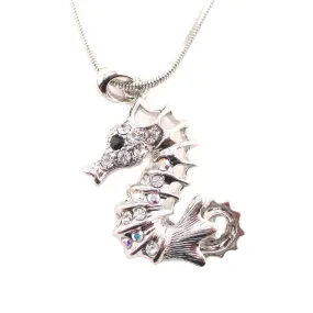 Spiny Seahorse Rhinestone Pendant Necklace in Silver