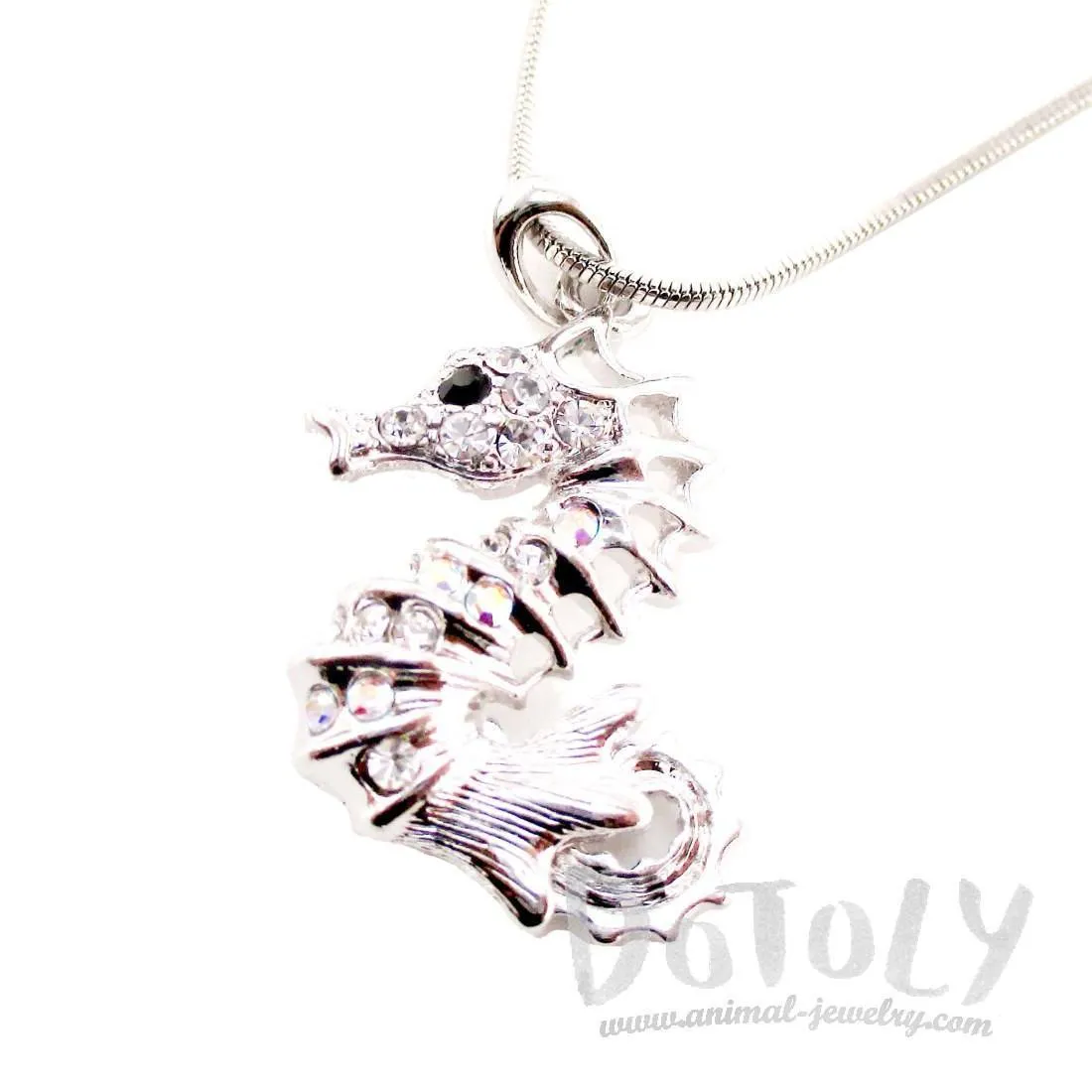 Spiny Seahorse Rhinestone Pendant Necklace in Silver