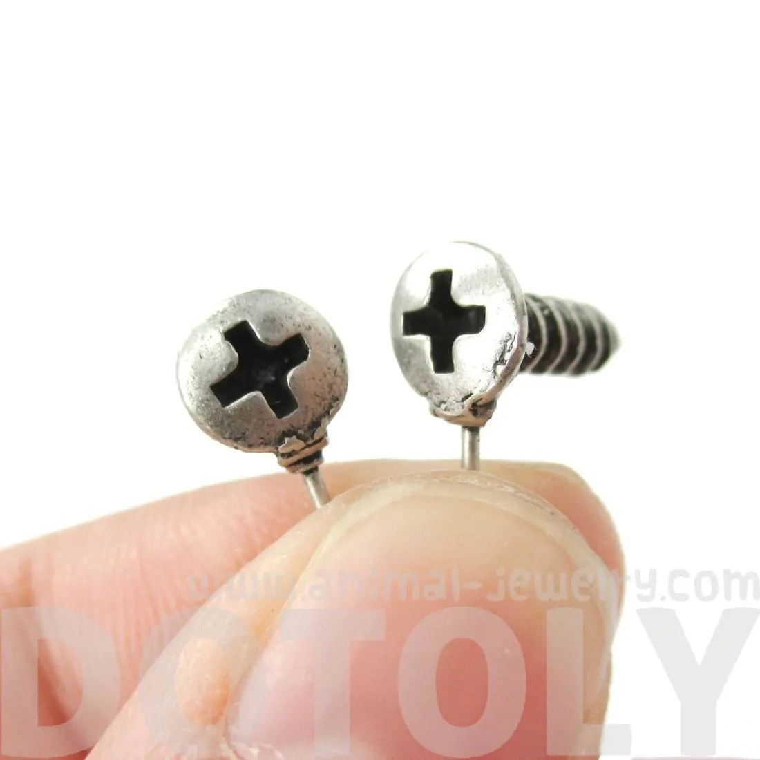 Tiny Screw Shaped Stud Earrings in Silver with Rhinestones | DOTOLY