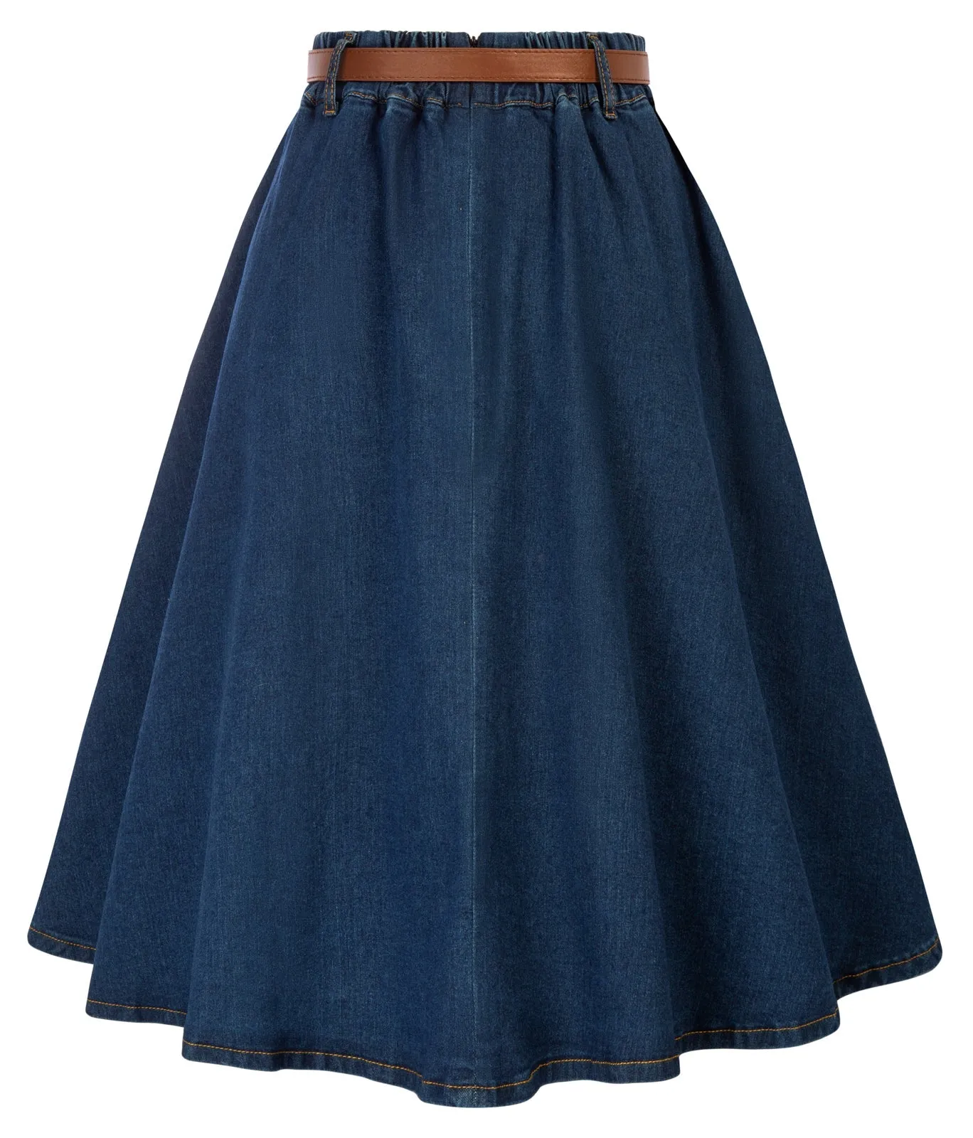 Vintage Fans Look of Jean Skirt with Belt Elastic High Waist A-Line Midi Skirt