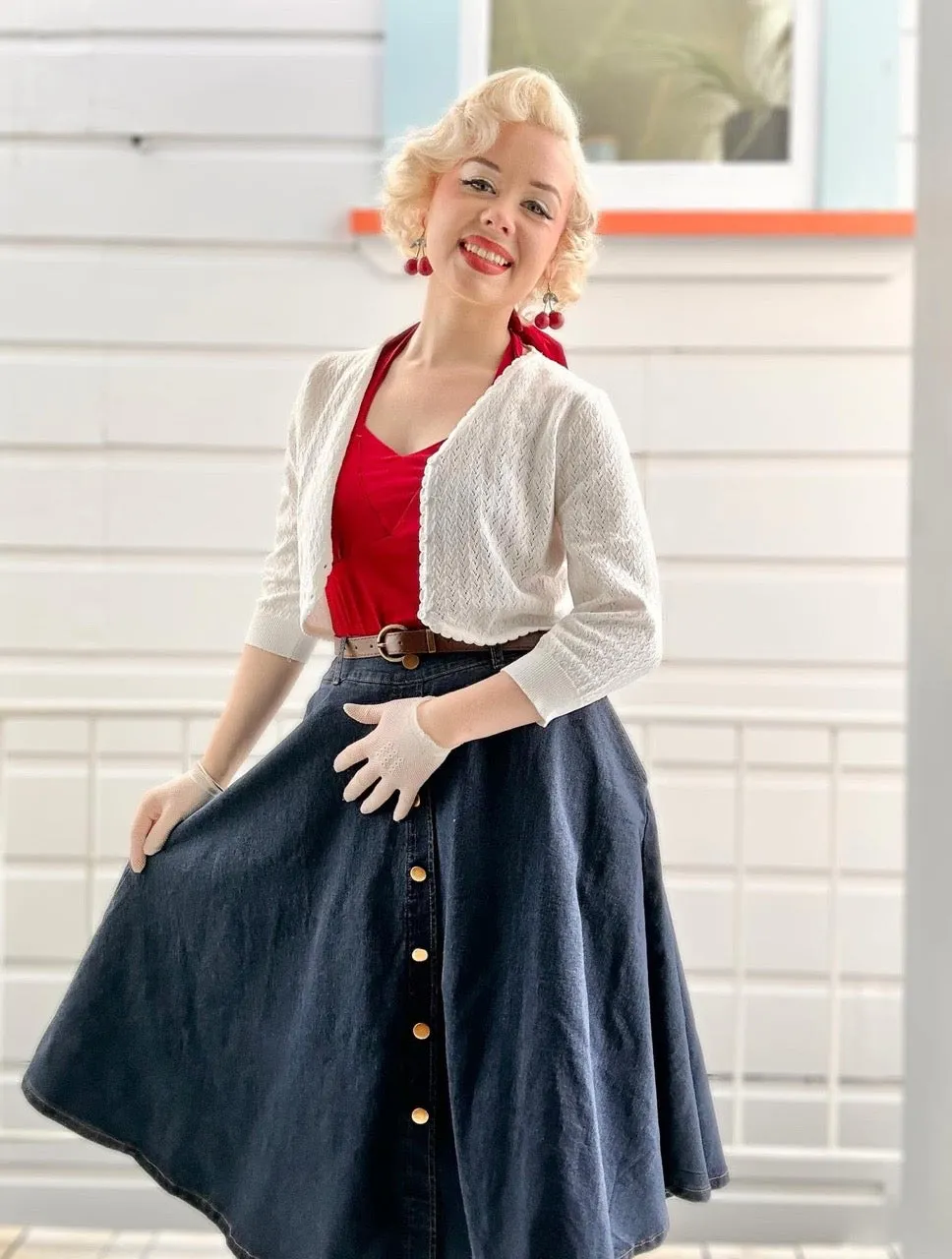 Vintage Fans Look of Jean Skirt with Belt Elastic High Waist A-Line Midi Skirt