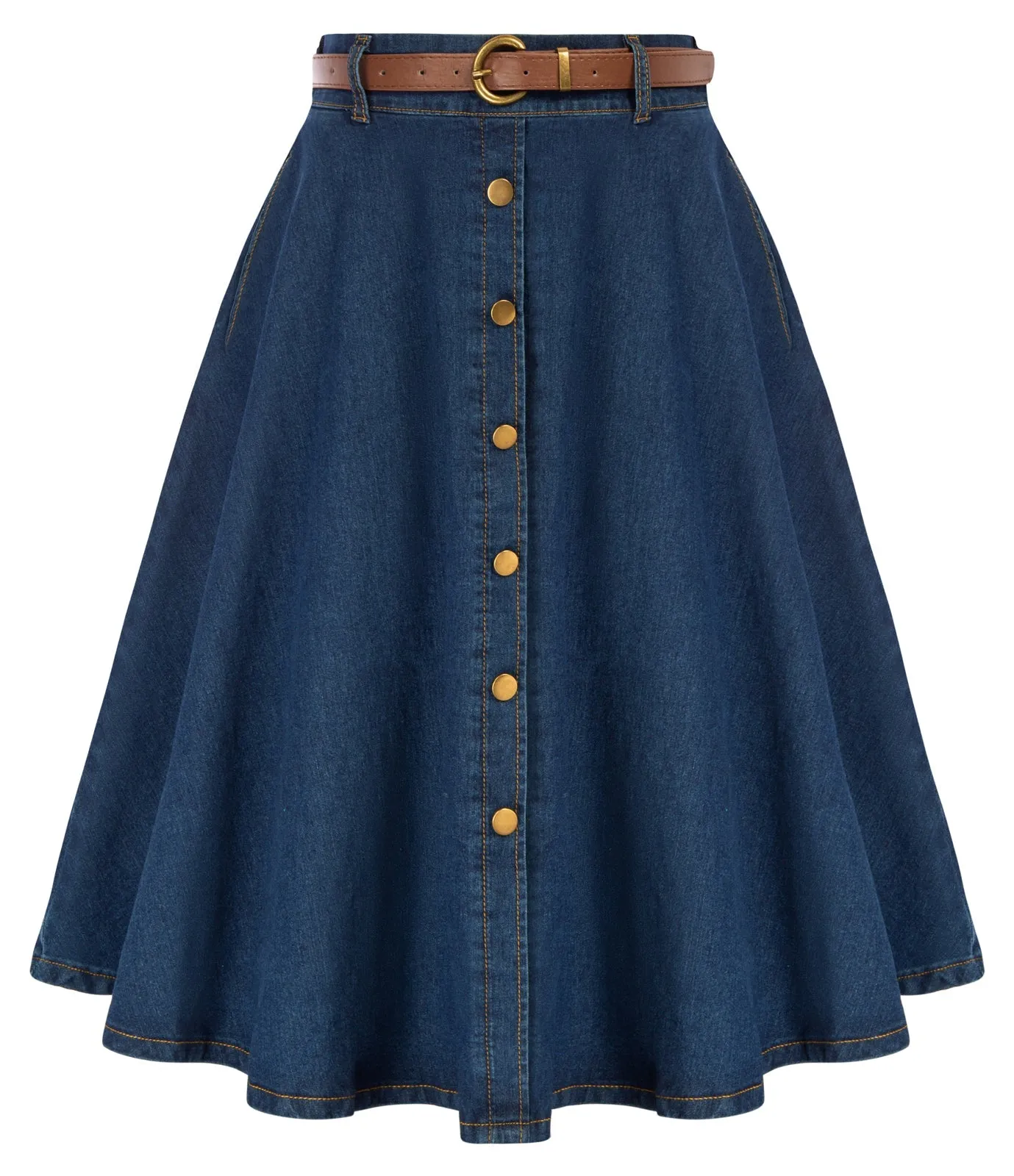 Vintage Fans Look of Jean Skirt with Belt Elastic High Waist A-Line Midi Skirt