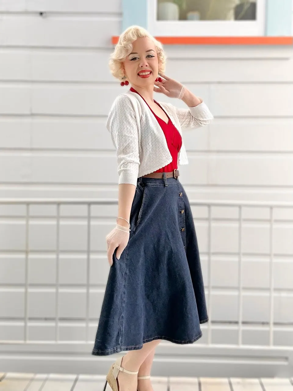 Vintage Fans Look of Jean Skirt with Belt Elastic High Waist A-Line Midi Skirt