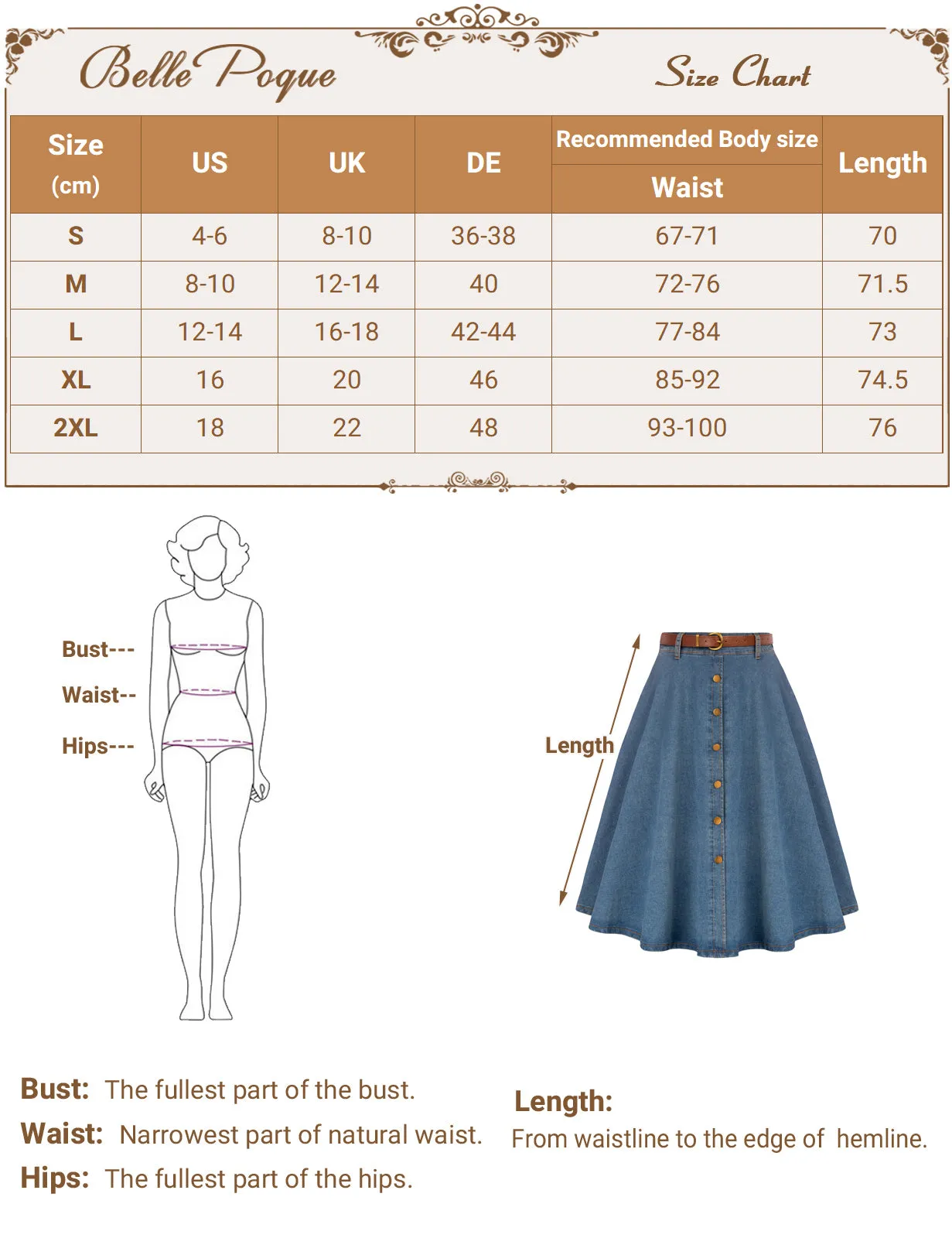 Vintage Fans Look of Jean Skirt with Belt Elastic High Waist A-Line Midi Skirt