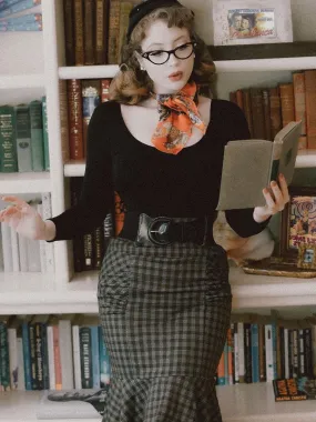 Vintage Fans Look of Plaid Mermaid Hem Shirred Detail Pencil Skirt with Belt