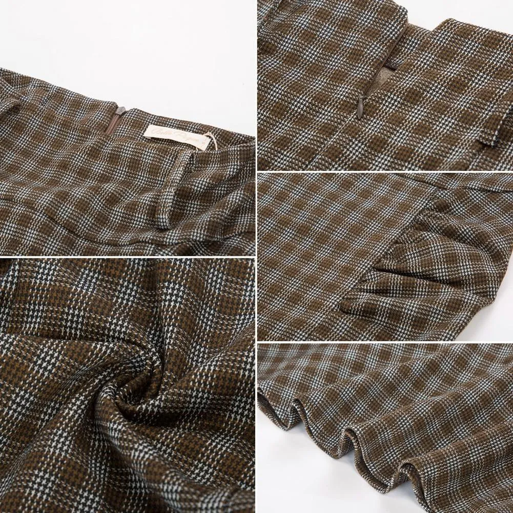 Vintage Fans Look of Plaid Mermaid Hem Shirred Detail Pencil Skirt with Belt