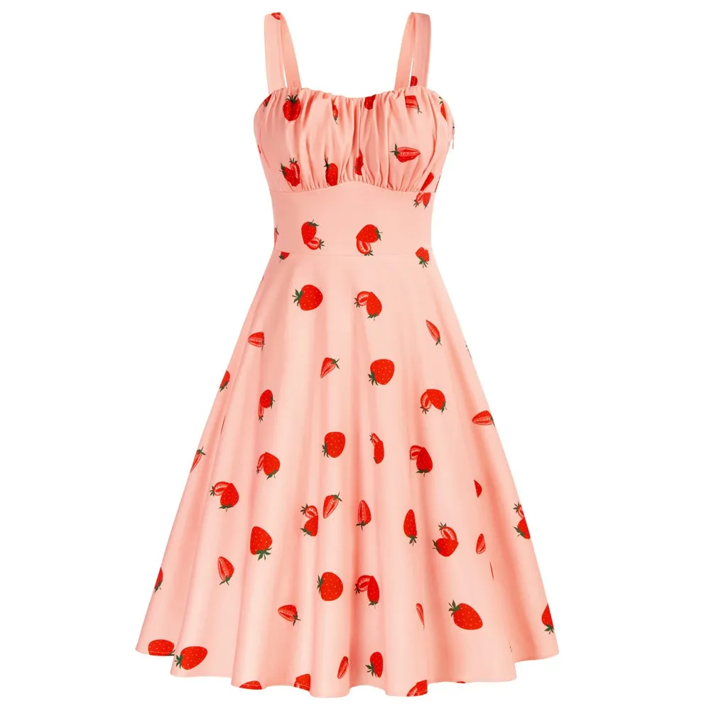 Vintage Fans Look of Strawberry Printed Ruched Bodice Flared A-Line Dress