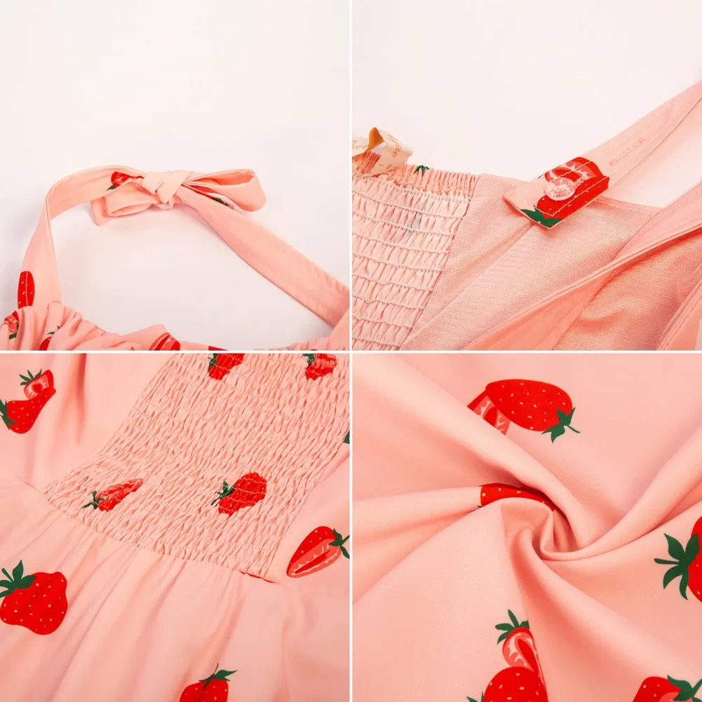 Vintage Fans Look of Strawberry Printed Ruched Bodice Flared A-Line Dress