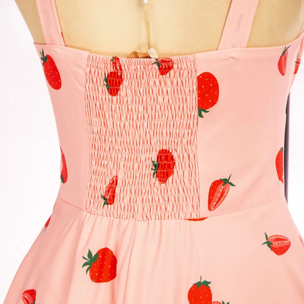 Vintage Fans Look of Strawberry Printed Ruched Bodice Flared A-Line Dress