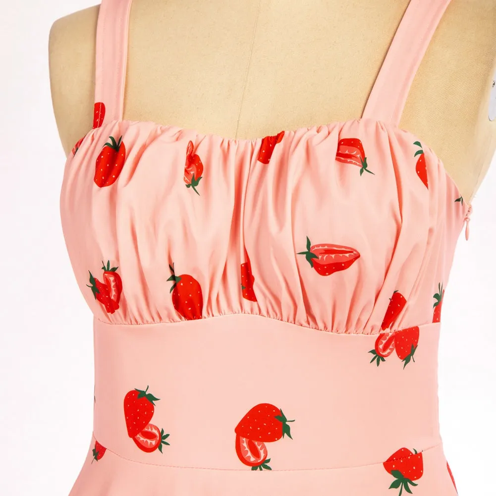 Vintage Fans Look of Strawberry Printed Ruched Bodice Flared A-Line Dress