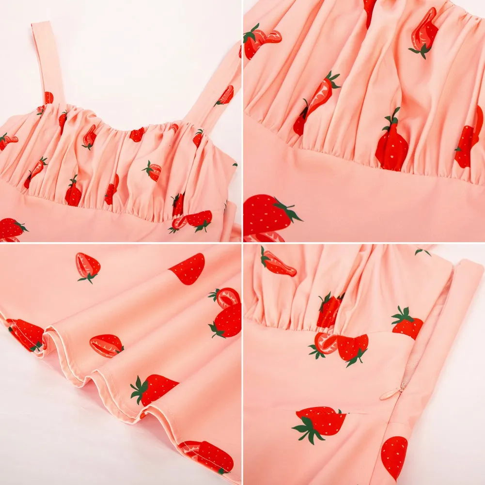 Vintage Fans Look of Strawberry Printed Ruched Bodice Flared A-Line Dress