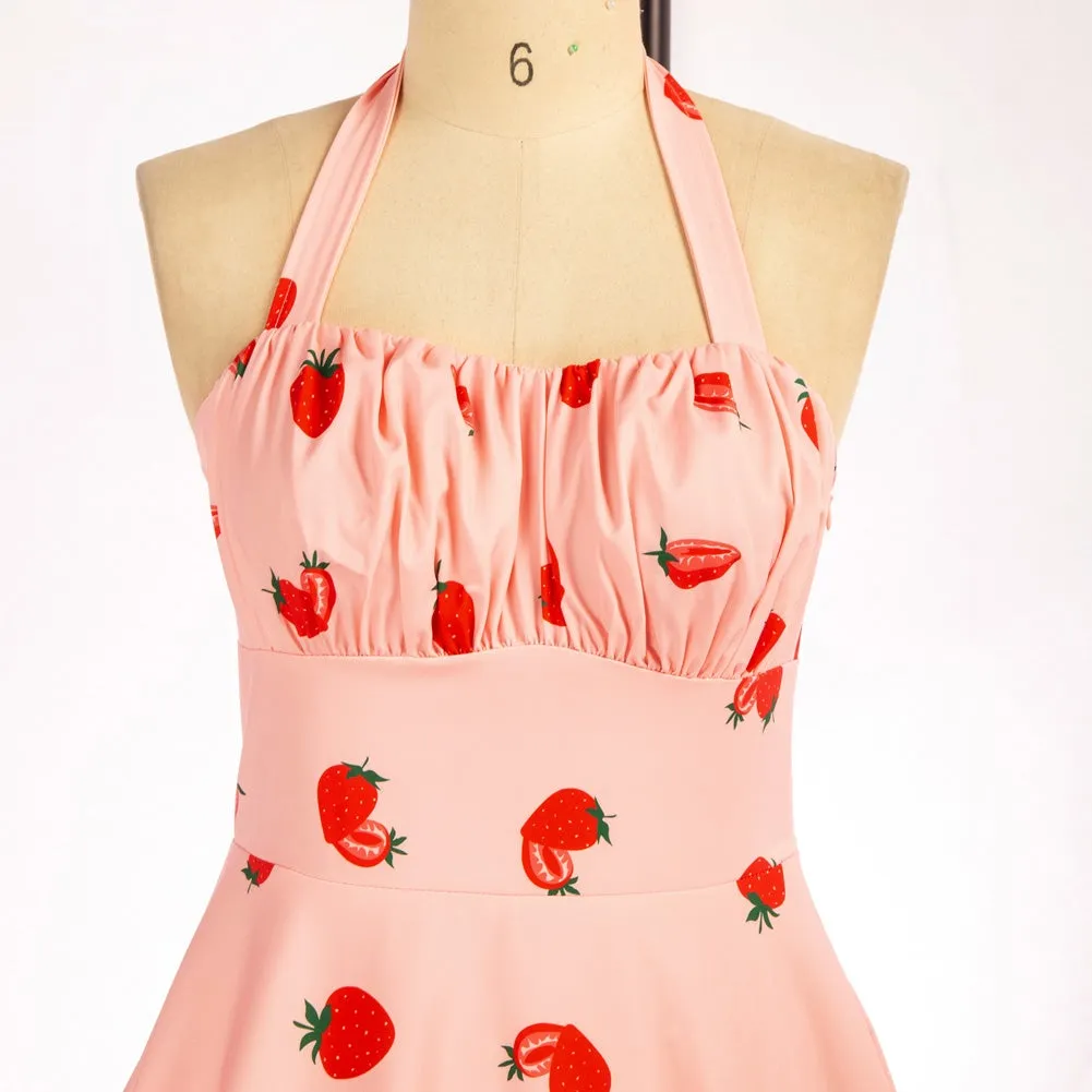 Vintage Fans Look of Strawberry Printed Ruched Bodice Flared A-Line Dress