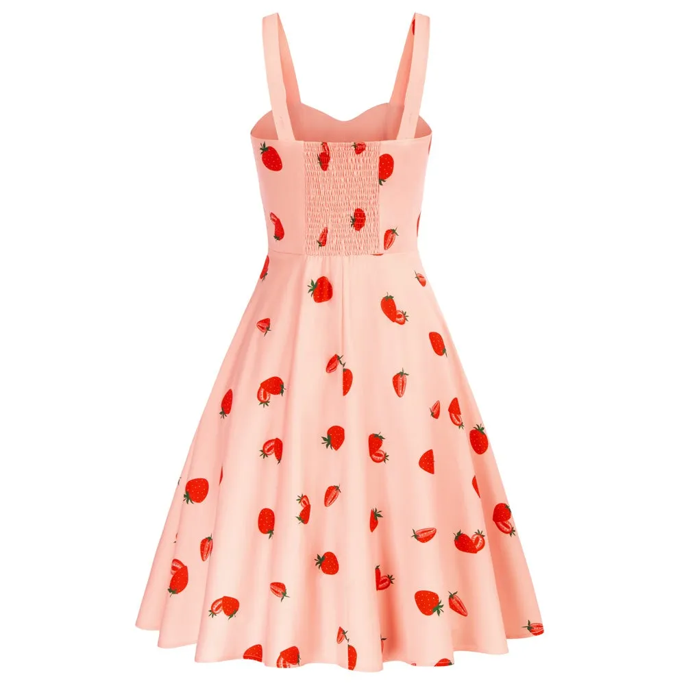 Vintage Fans Look of Strawberry Printed Ruched Bodice Flared A-Line Dress