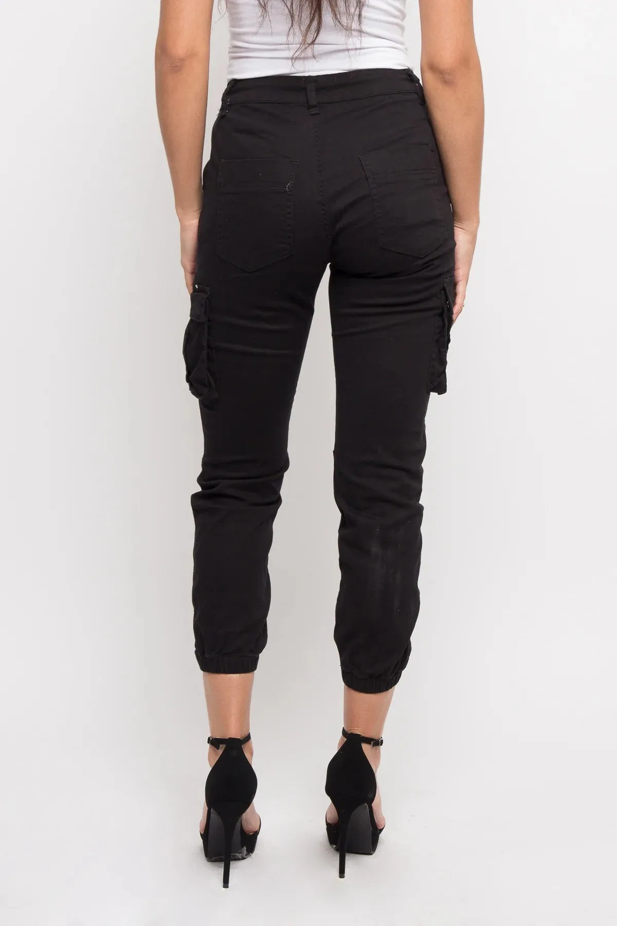 Women's Essential Basic Cropped Colored Cargo Joggers - Black